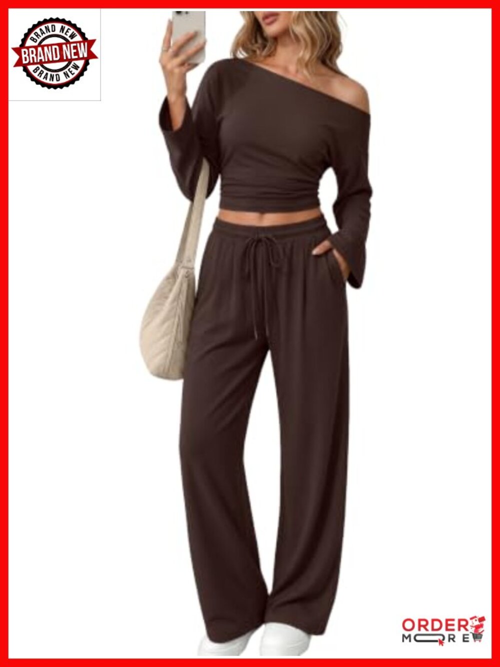 2 Piece Off Shoulder Ruched Top Wide Leg Lounge Set Cotton Spandex Airport